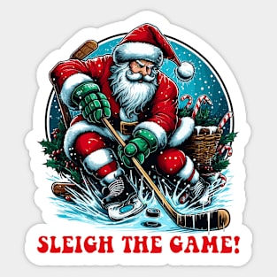 Santa Playing Ice Hockey Sticker